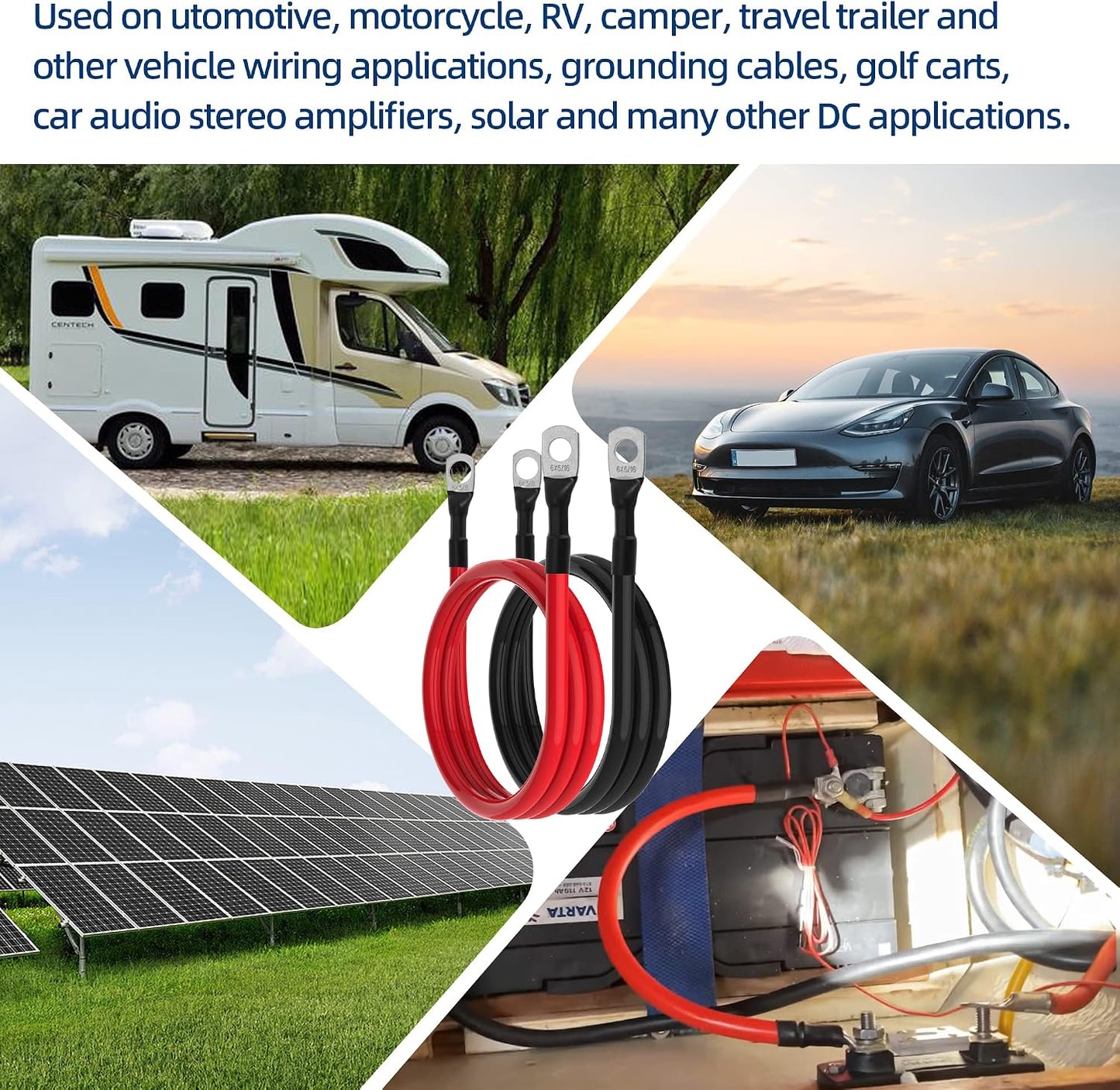 6 AWG Battery Cables 6 Gauge Battery Inverter Cables with 3/8 Inch and 5/16 Inch Lugs Each End for Solar Marine RV Car SUV Truck Tractor Motorcycle 2pcs (3FT, 6 AWG)