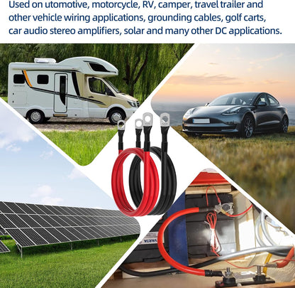 6 AWG Battery Cables 6 Gauge Battery Inverter Cables with 3/8 Inch and 5/16 Inch Lugs Each End for Solar Marine RV Car SUV Truck Tractor Motorcycle 2pcs (3FT, 6 AWG)