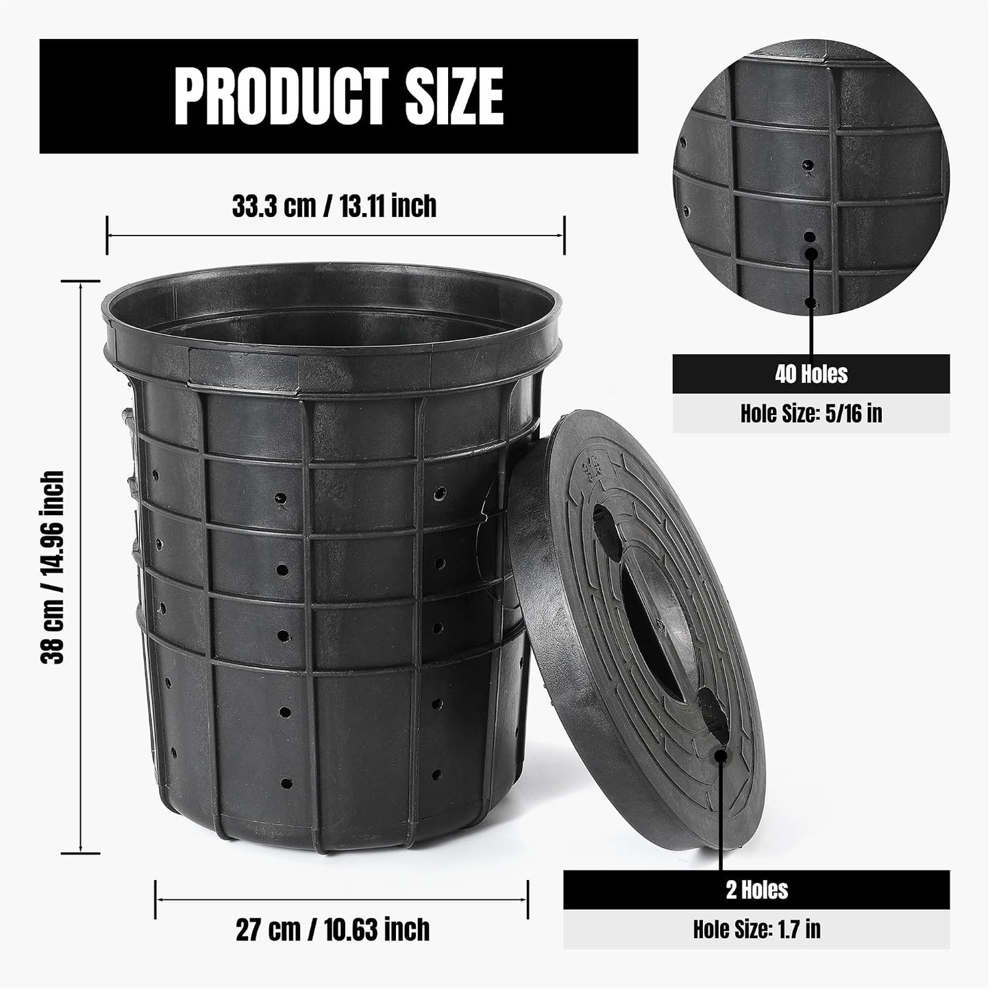 Perforated Sump Pump Bucket Sump Basin Sump Pump Basin with Lid with 40 Drillled Holes for Crawl Spaces, Yards, Patio and Driveways, 13" Top Dia × 10.63" Base × 15" H Water Bucket