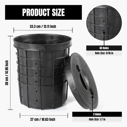 Perforated Sump Pump Bucket Sump Basin Sump Pump Basin with Lid with 40 Drillled Holes for Crawl Spaces, Yards, Patio and Driveways, 13" Top Dia × 10.63" Base × 15" H Water Bucket