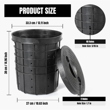 Perforated Sump Pump Bucket Sump Basin Sump Pump Basin with Lid with 40 Drillled Holes for Crawl Spaces, Yards, Patio and Driveways, 13" Top Dia × 10.63" Base × 15" H Water Bucket