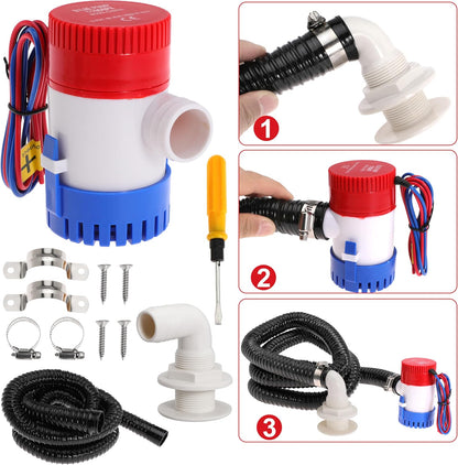 Boat Bilge Plumbing Kit 1-1/8 Inch Dia 12V Non-automatic Bilge Pump kit 1100 GPH with 6FT PVC Bilge Pump Hose (90 Degree Elbow)