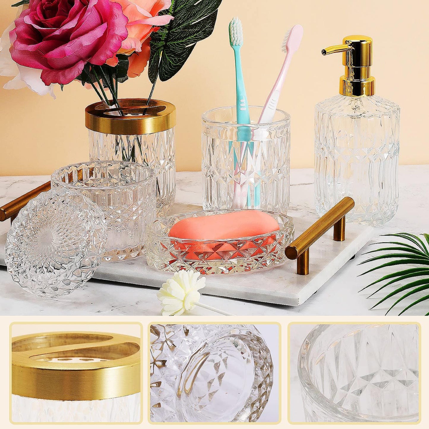 5Pcs Glass Bathroom Accessories Complete Set, Lotion Dispenser, Soap Dish, Toothbrush Holder, Tumbler, Cotton Swab Jars, Modern Bathroom Decor and Gift Set (White)