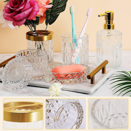5Pcs Glass Bathroom Accessories Complete Set, Lotion Dispenser, Soap Dish, Toothbrush Holder, Tumbler, Cotton Swab Jars, Modern Bathroom Decor and Gift Set (White)