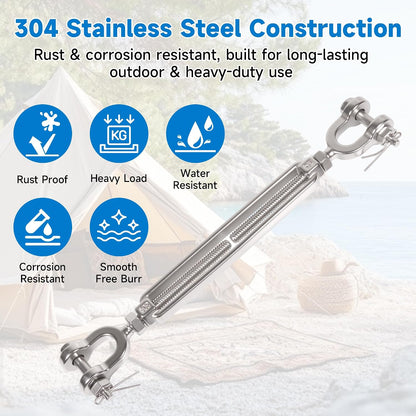 1/4" 304 Stainless Steel Jaw and Jaw Turnbuckle, Adjustable Small Turnbuckle Tensioner, Cable Tensioner, 1140 LBS Working Load Limit, Turnbuckles for Cables Wire Clothesline Shade Sail (M10-3/8-2pcs)