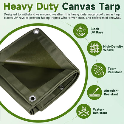 Heavy Duty Canvas Tarp 10x12ft, 12oz (350 GSM) Cotton Canvas Water-Resistant Tarp with Rustproof Grommets, Tear-Resistant Outdoor Cover for Wood Piles, Camping, Trailer & Equipment (10x12ft)