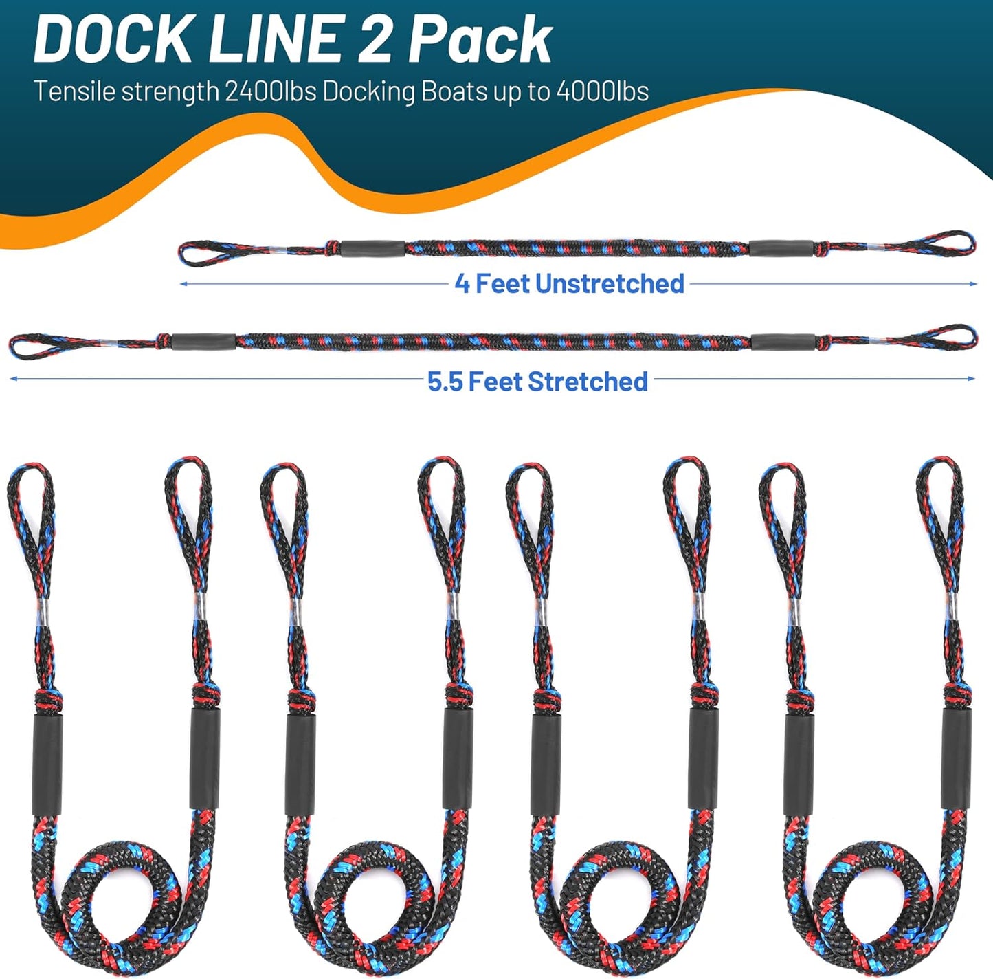 Boat Bungee Dock Lines Marine Mooring Rope Bungee Cord Docking Lines for Boat Docking Ropes for Kayak,Pontoon,Canoe (2 Pack,4 feet to 5.5 feet)