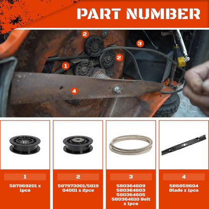 Idler Pulley and Blade Repair Kit for LC221A LC221AH 22" AWD Walk-Behind Mowers, Includes 587969201 587973001 587969201 Pulleys, 580364609 Drive Belt and 586859604 Blade(White Belt, with Blade)