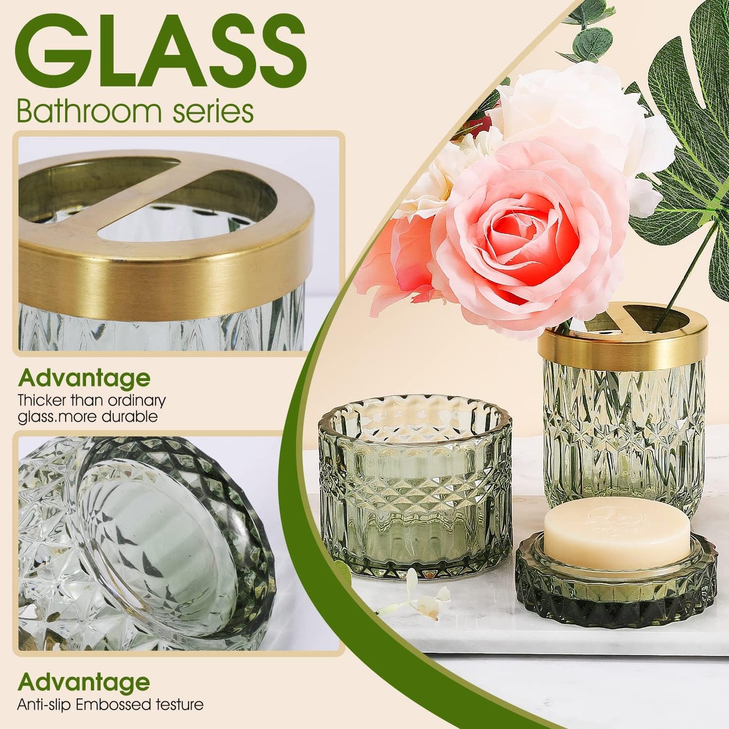 Bathroom Accessories Set,5Pcs Glass Bathroom Accessories Set, Lotion Dispenser, Soap Dish, Toothbrush Holder, Tumbler, Modern Bathroom Decor, Gift for Home Apartment (Green)