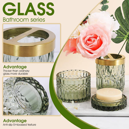 Bathroom Accessories Set,5Pcs Glass Bathroom Accessories Set, Lotion Dispenser, Soap Dish, Toothbrush Holder, Tumbler, Modern Bathroom Decor, Gift for Home Apartment (Green)