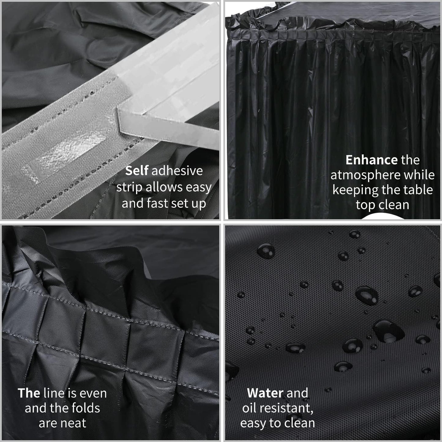5 Pack Plastic Table Skirts & Cloths for Rectangle Tables, 14 Ft Blue Tableskirts & 54" x 108" Tablecloths - Tablecloth Skirt Covers for Party, Birthday, Baby Shower (Black)