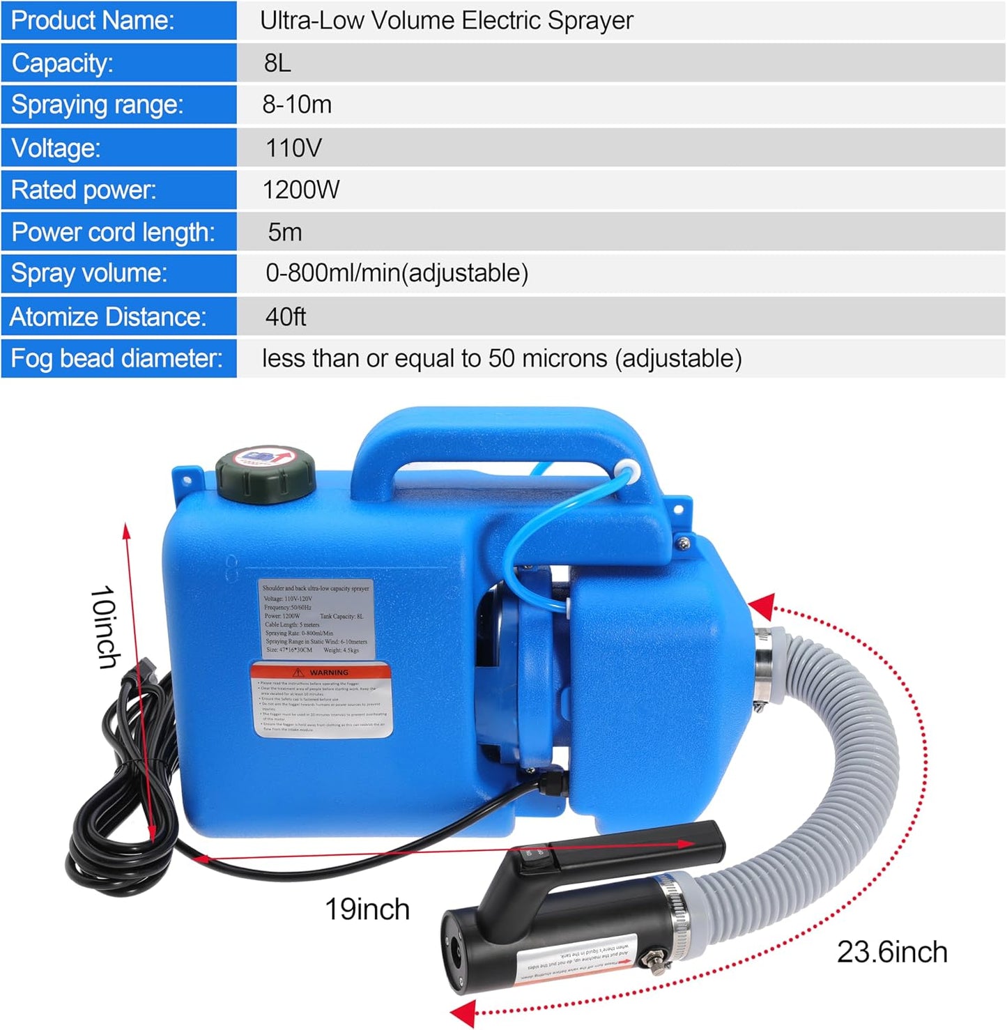 8L (2 Gallon) Electric ULV Fogger Machine Portable Mist Cold foggers Adjustable Flow Rate Atomizer Sprayer for Indoor and Outdoor Use