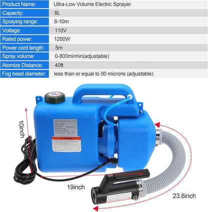 8L (2 Gallon) Electric ULV Fogger Machine Portable Mist Cold foggers Adjustable Flow Rate Atomizer Sprayer for Indoor and Outdoor Use