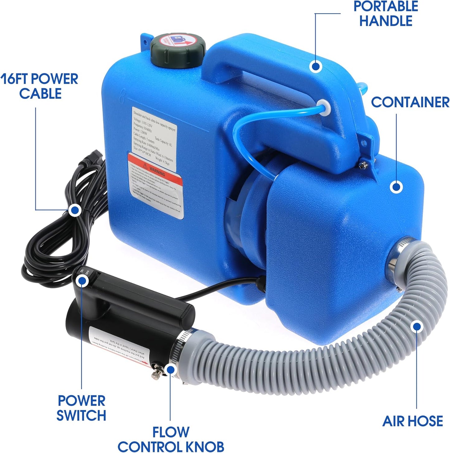 8L (2 Gallon) Electric ULV Fogger Machine Portable Mist Cold foggers Adjustable Flow Rate Atomizer Sprayer for Indoor and Outdoor Use