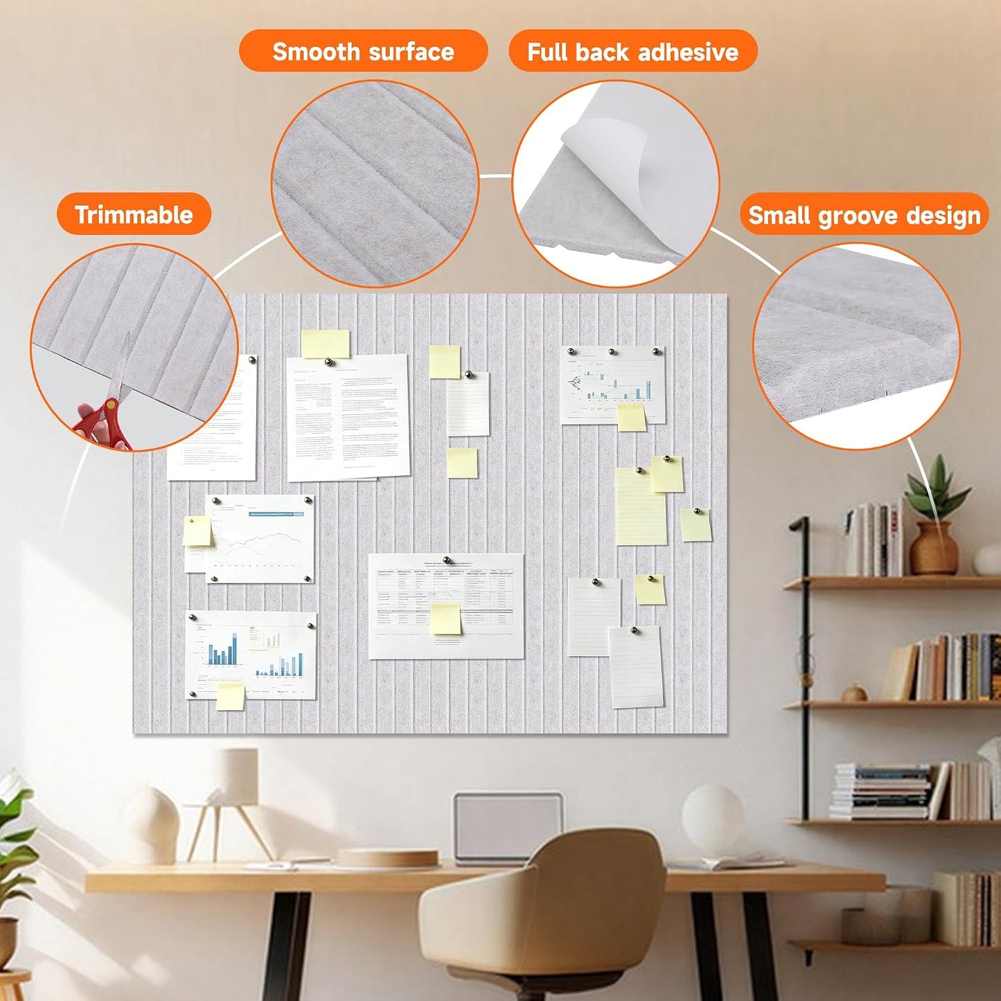 Large Splicing Felt Bulletin Board Cork Board Alternative 36" x 24" Felt Pin Board for Home Office Classroom Wall Decor Felt Wall Panel with Pushpins Tabs(Fine-Stripe 6 Pack, Oatmeal)