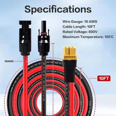 10AWG 10FT Solar to XT60 Charge Extension Cable for Solar Panels Portable Power Stations Solar Connector to XT60H Cables