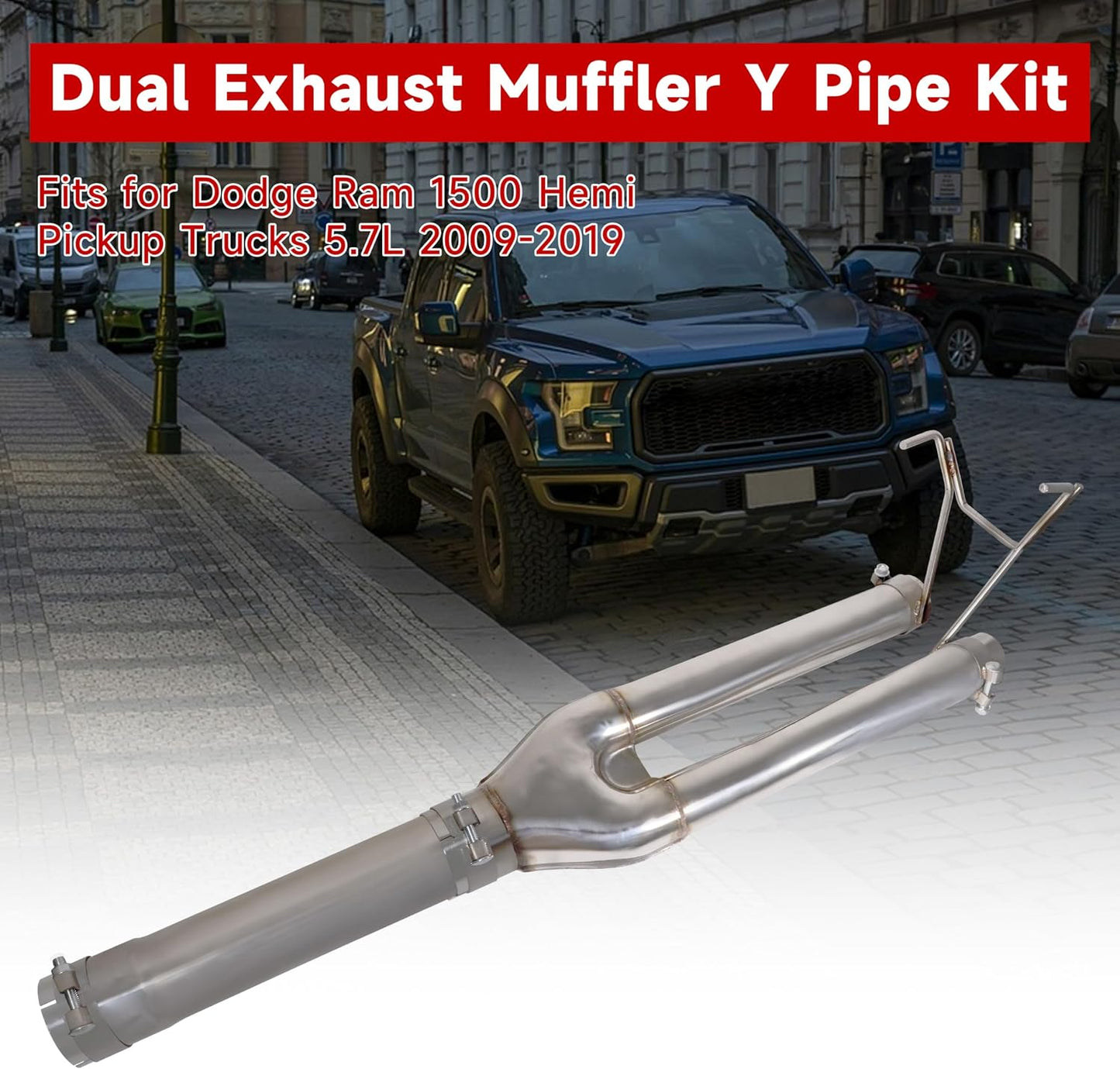 Dual Exhaust Muffler Y-Pipe Kit for Dodge Ram 1500 Hemi Pickup Trucks 5.7L 2009-2019 with 3 inch Innet and 2.25 inch Outlet Y Pipe Muffler, Silver