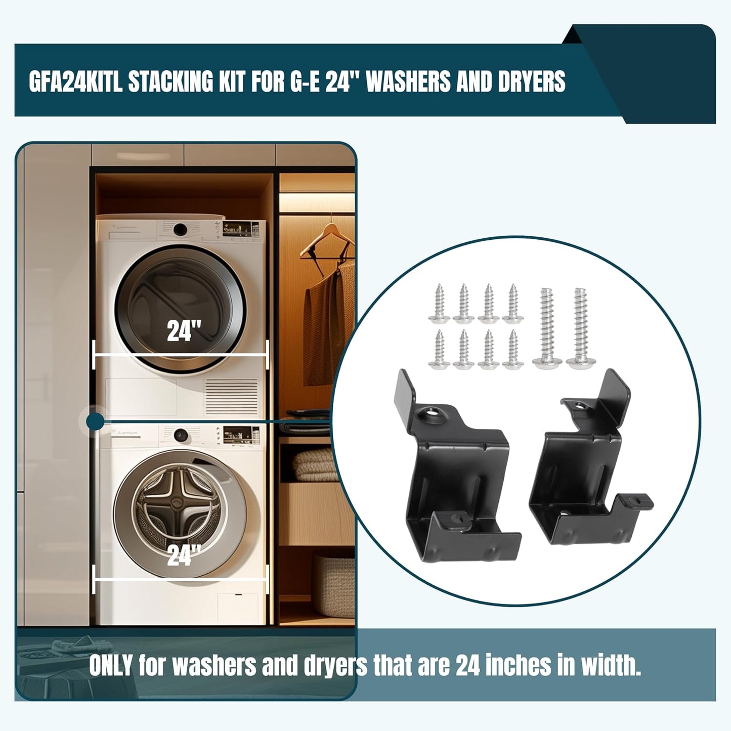 Replacement GFA24KITL Stacking Kit for G-E 24 Inch Wide Washers and Dryers, Stack Bracket Kit 24 In Front Load Laundry Stacking Kit, White+Black