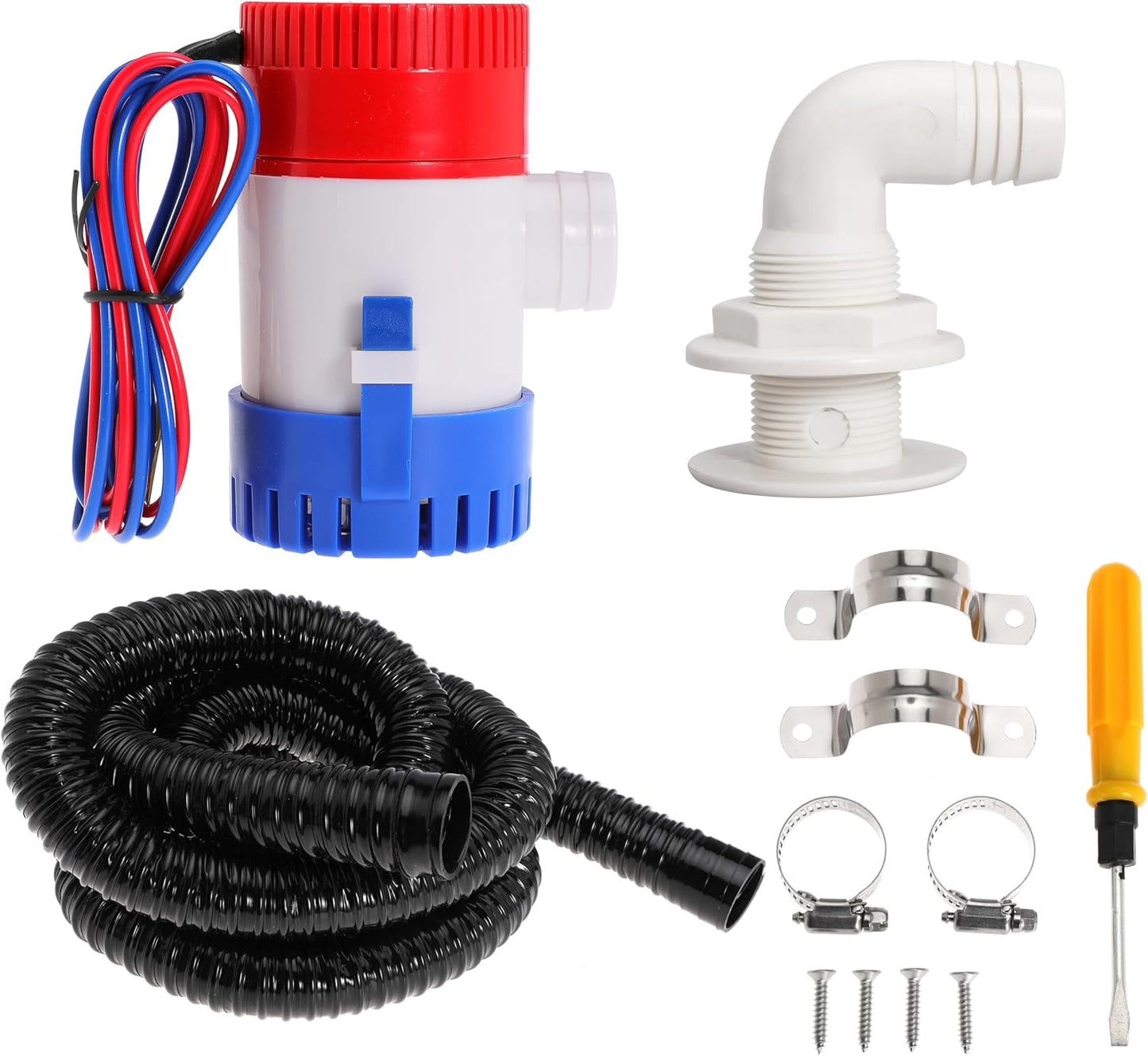 Boat Bilge Plumbing Kit 1-1/8 Inch Dia 12V Non-automatic Bilge Pump kit 1100 GPH with 6FT PVC Bilge Pump Hose (Straight Elbow)