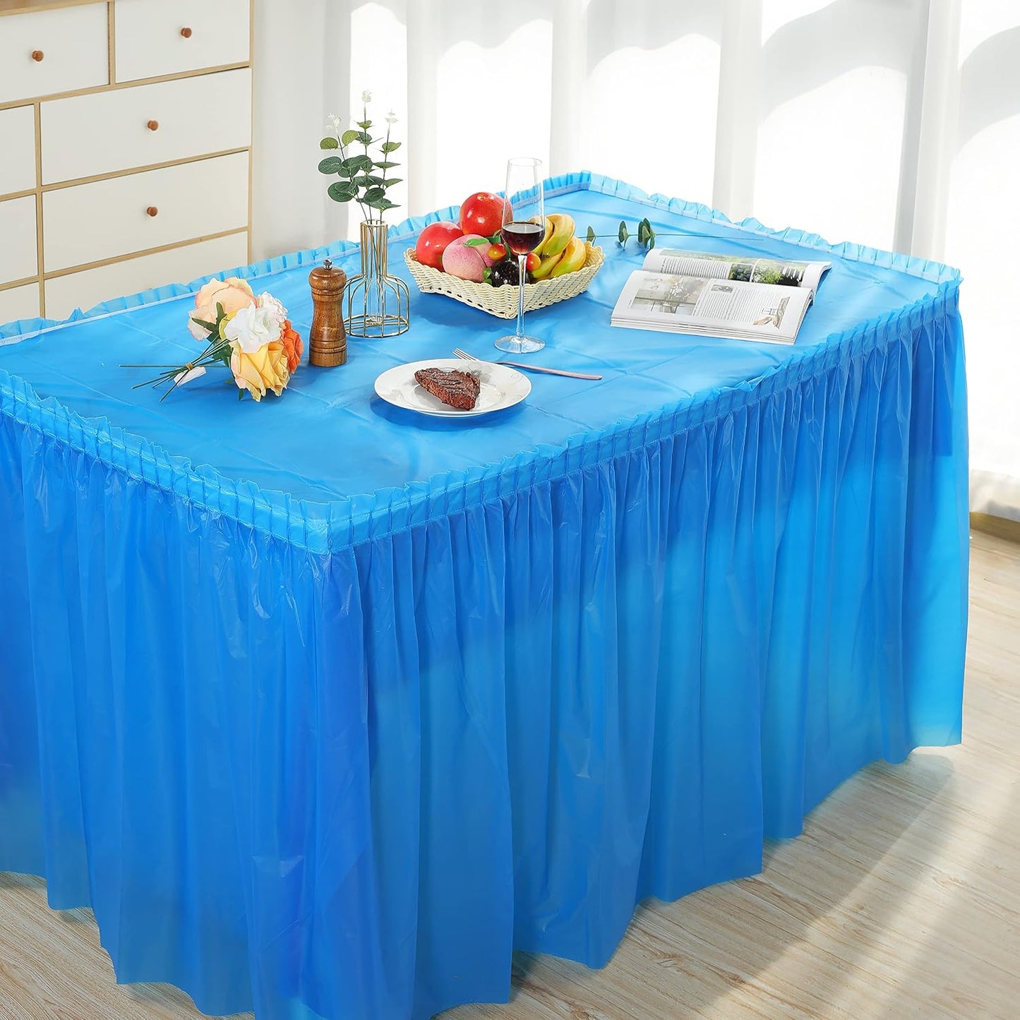 5 Pack Plastic Table Skirts & Cloths for Rectangle Tables, 14 Ft Blue Tableskirts & 54" x 108" Tablecloths, Disposable Tablecloth Skirt Covers for Party Birthday (Dark Blue)