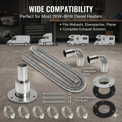 Diesel Heater Exhaust Kit - Exhaust Pipe, Straight Thru Hull Fitting and 24mm Elbow Tube Connector Set, Compatible with Webasto Eberspacher Heaters