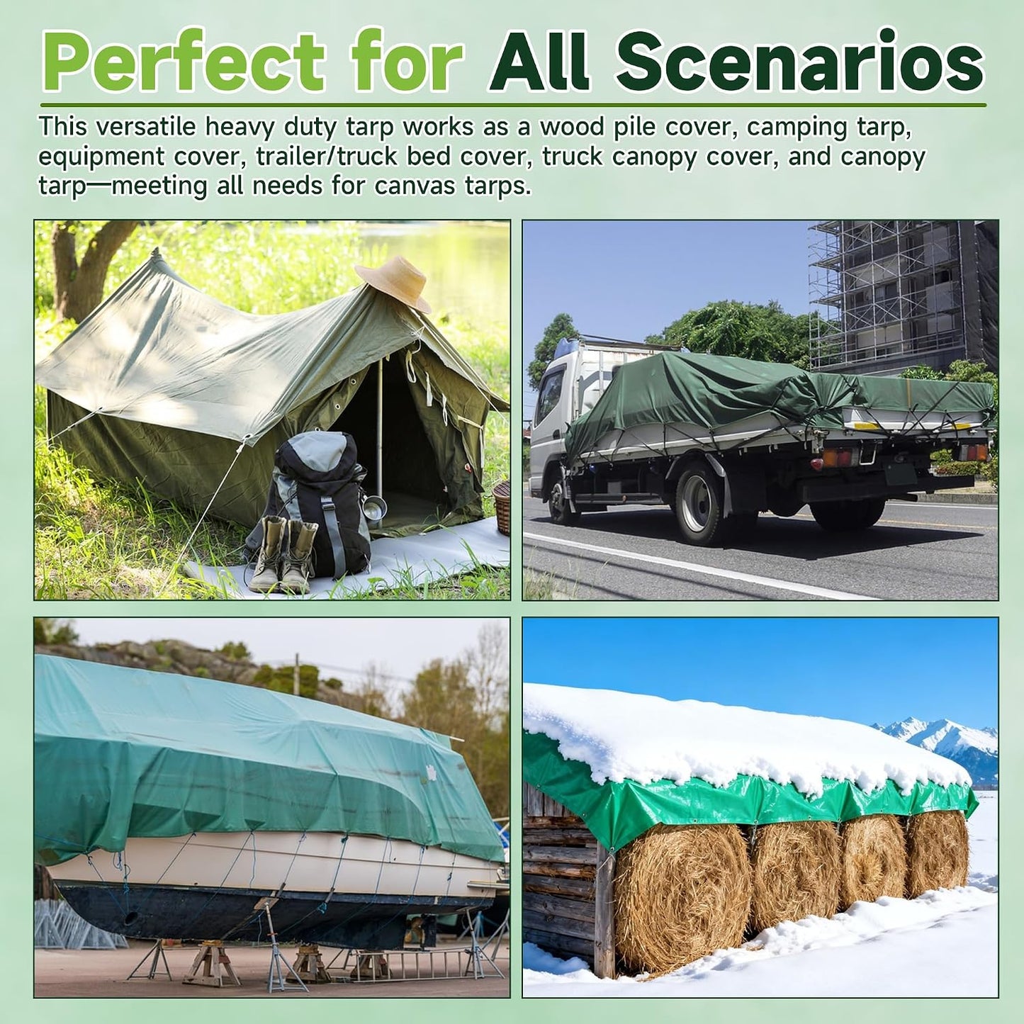 Heavy Duty Canvas Tarp 10x12ft, 12oz (350 GSM) Cotton Canvas Water-Resistant Tarp with Rustproof Grommets, Tear-Resistant Outdoor Cover for Wood Piles, Camping, Trailer & Equipment (10x12ft)
