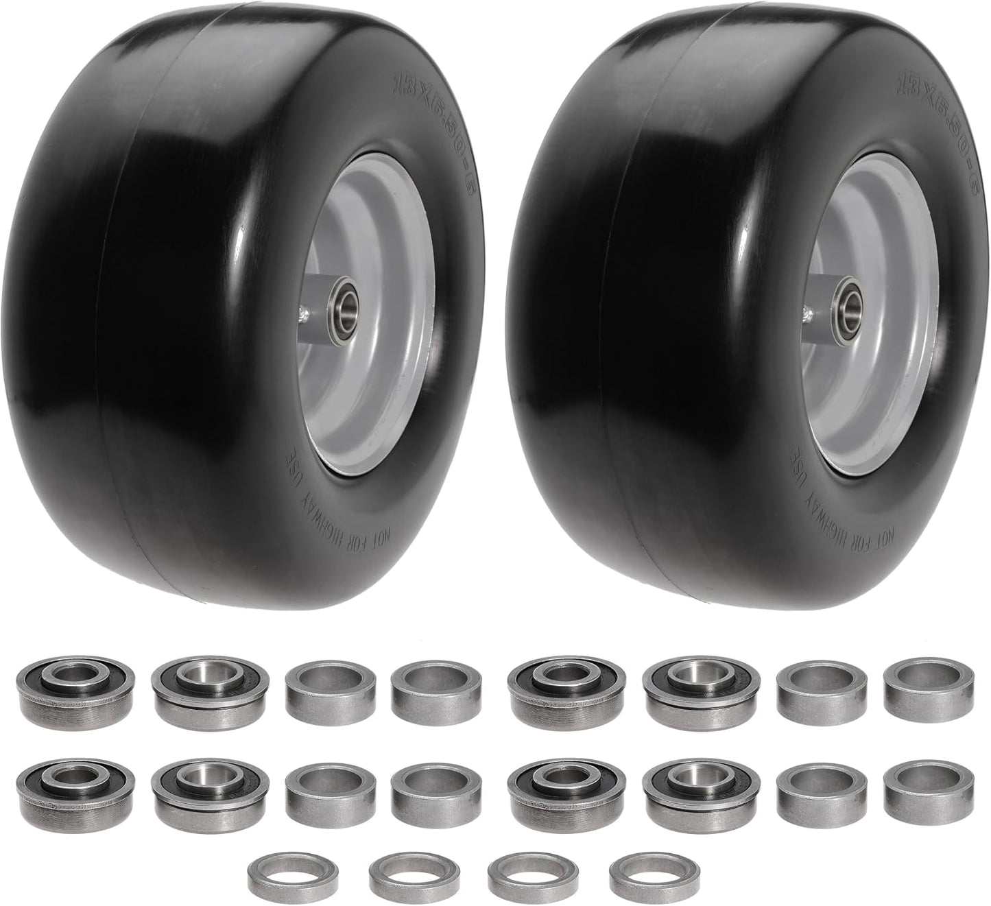 13x6.50-6" Lawn Mower Flat Free Front Wheel Tire, Solid Smooth Tire for Cub Cadet for Toro Zero Turn Lawn Mower with 5.5"-7.5" Center Hub and 3/4" 5/8" 1/2" Precision Bearings (Silver-2pc)
