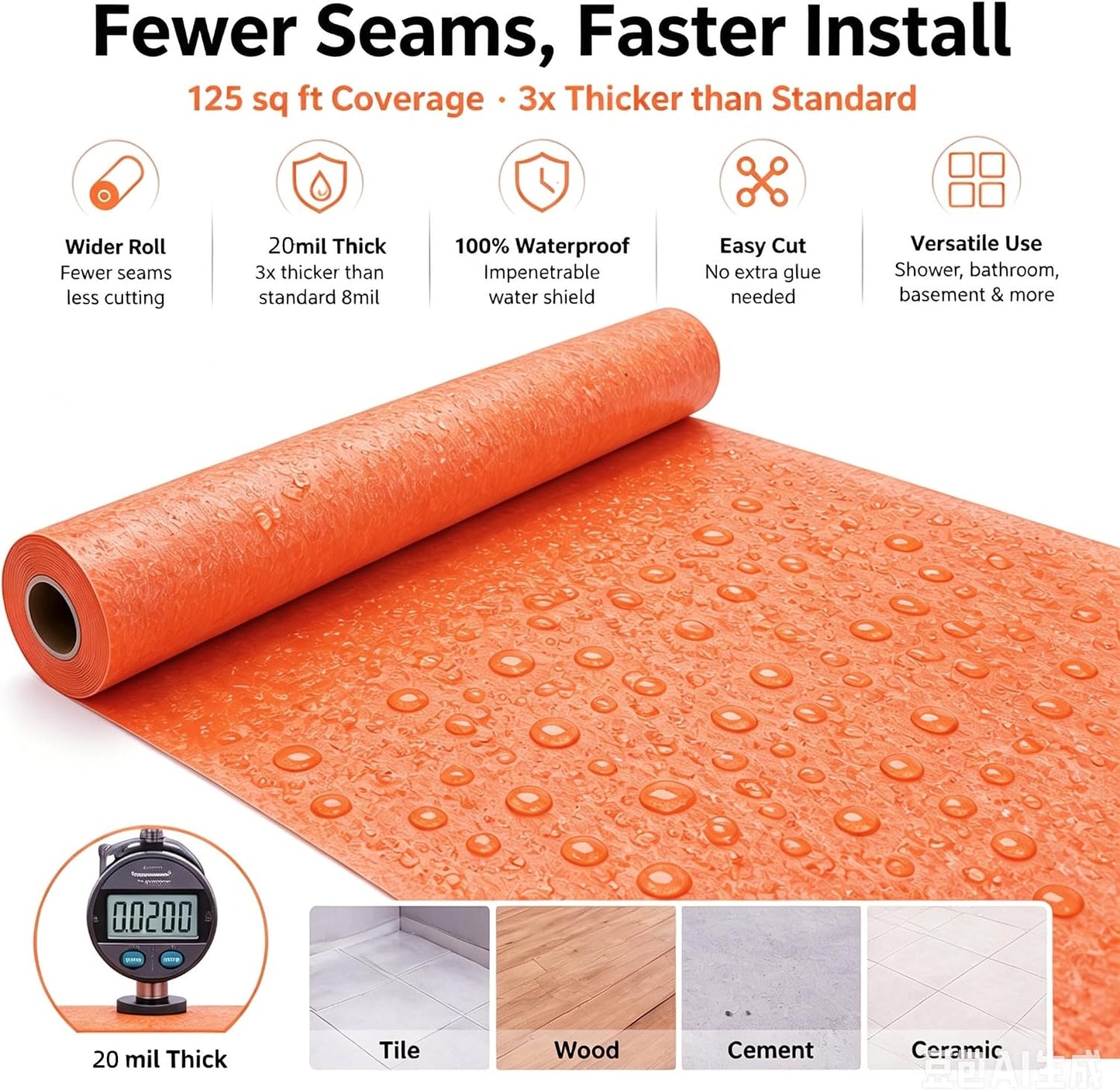 Waterproof Membrane for Shower 3.8 ft x 29 ft / 108 Square Feet Waterproofing Shower Membrane 19.7mil Thickness Waterproof for Sauna Bathroom Walls Tile Underlayment (108 SQ FT-19.7 mils)