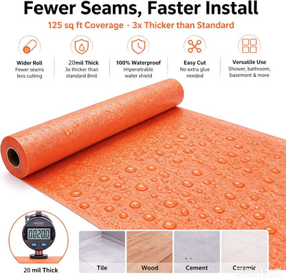 Waterproof Membrane for Shower 3.8 ft x 29 ft / 108 Square Feet Waterproofing Shower Membrane 19.7mil Thickness Waterproof for Sauna Bathroom Walls Tile Underlayment (108 SQ FT-19.7 mils)