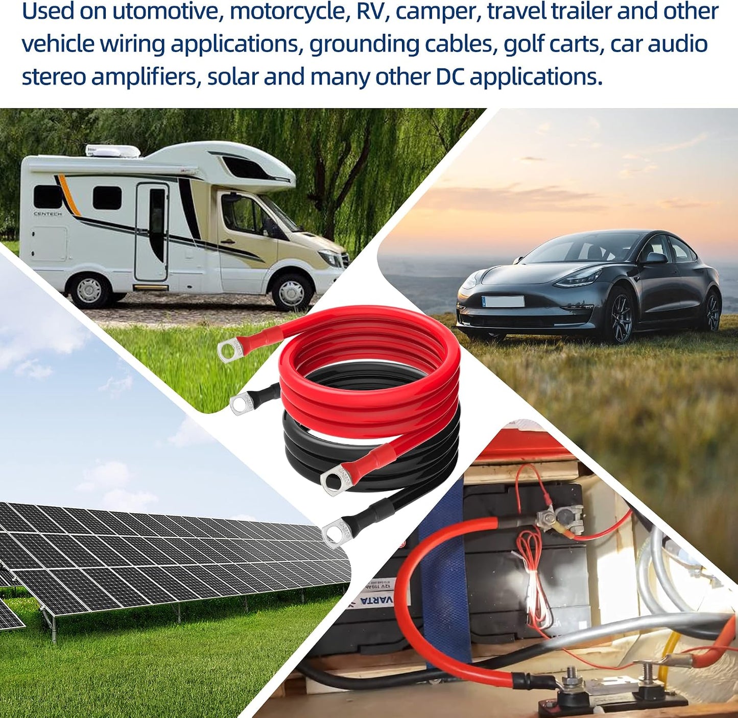 4 AWG Battery Cable 4 Gauge Battery Wires with 3/8 terminals Power Inverter Cables for Solar Boat Marine RV Car (5FT, 1 red+1 black cable)