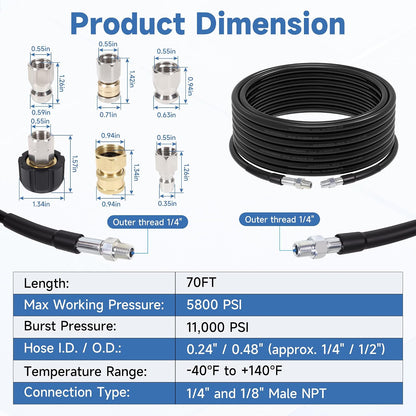 70FT Sewer Jetter Kit for Pressure Washer, 5800PSI, 1/4 Inch NPT Drain Cleaner Hose Sewer Jetting with Rotating Corner Button Nose Nozzle for Pipe Cleaning