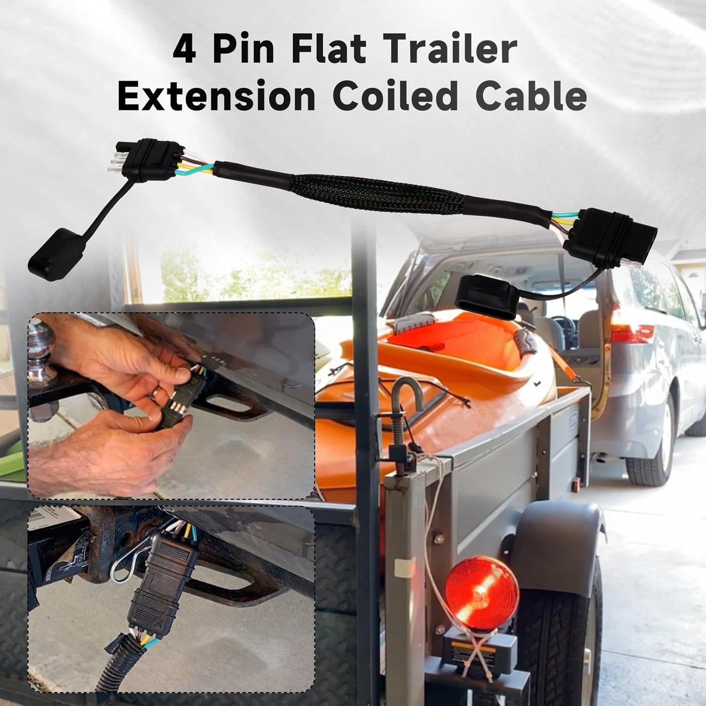 16 AWG 1FT 4-Pin Flat Trailer Wiring Harness with 4 Way to 4 Way Male and Female Connector 16 Gauge 4 to 4 Trailer Extension Wire with Dust Cover for Trailer and Vehicle, Black, 4-16G-1FT