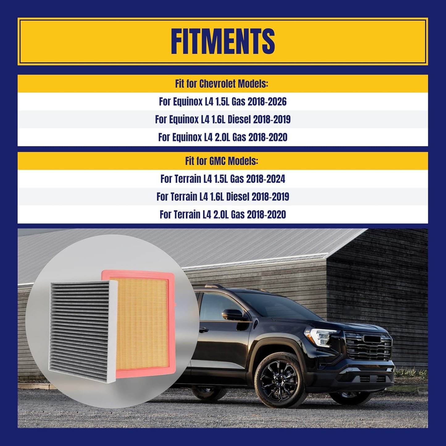 Engine and Cabin Air Filter for Chevy Equinox L4 1.5L Gas 1.6L Diesel 2.0L Gas 18-26 for GMC Terrain L4 1.5L Gas 1.6L Diesel 2.0L Gas 18-24 Replace CA12260 CF11966