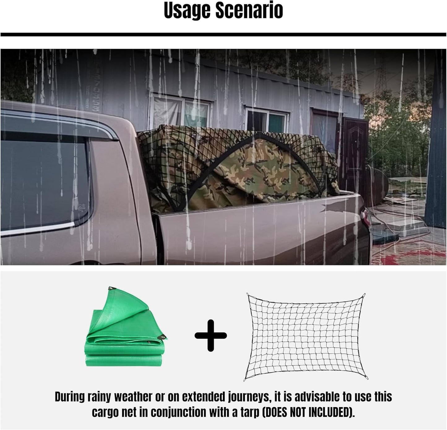 Black Polyester Cargo Net for Truck Bed, 4' x 6' to 10' x 15', Carabiner and Buckle Fasteners