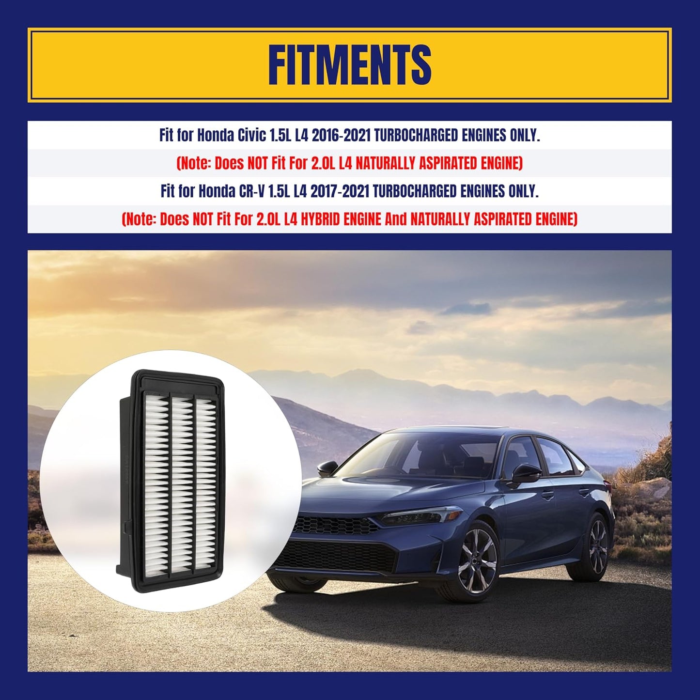 CA12050 Engine Air Filter for Honda Civic 1.5L L4 TURBOCHARGED 2016~2021 for CR-V 1.5L L4 TURBOCHARGED 2017-2021 Car Air Filter Replaces 172205AAA00, 1 Pack