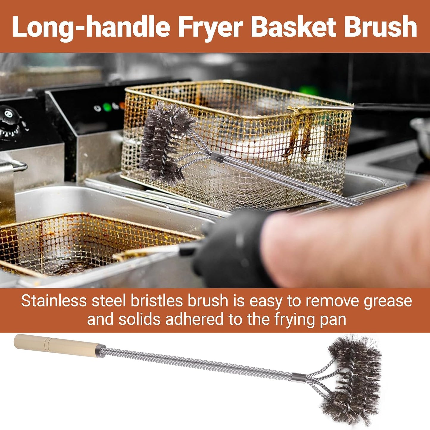3 PCS Fryer Cleaning Tools, Deep Fryer Stainless Steel L-Shaped Brush, Cleanout Rod, Long Handle Basket Brush for Air Fryers, Deep Fryers