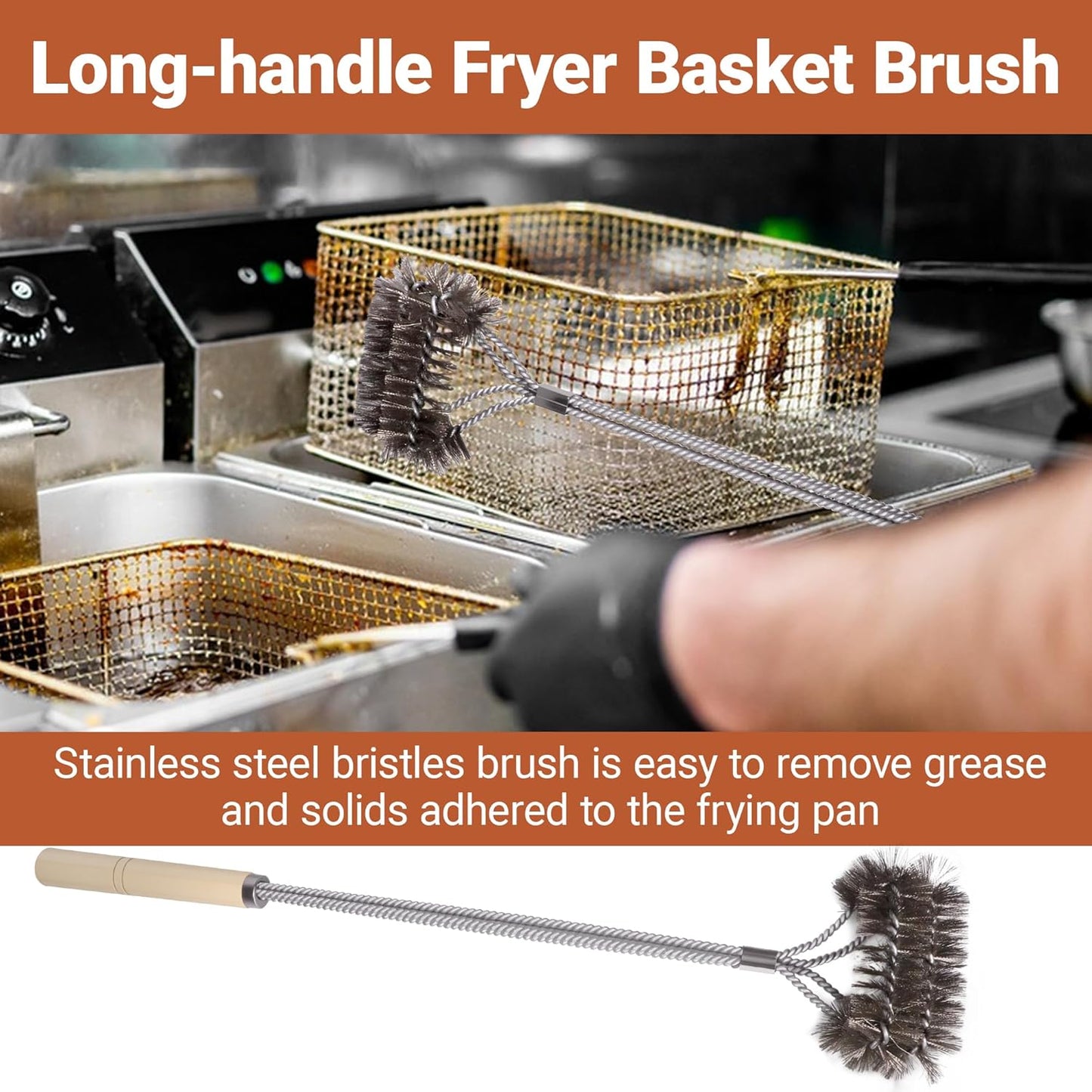 4 PCS Fryer Cleaning Tools with Deep Fryer Stainless Steel L-Shaped Brush, Deep Fryer Crumb Scoop, Deep Fryer Cleanout Rod, Long Handle Deep Basket Brush for Restaurants, Air Fryers, Deep Fat Fryers