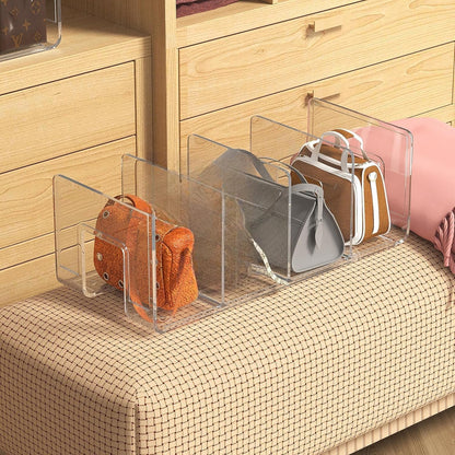 frtzal Purse Handbag Organizer 4 Sections Bag Closet Shelf Divider Purse Display Stand Handbag Storage Organizer Clear Desk File Sorter Stand Holder Bookshelf 13 x 6 x 5 Inches (4pcs upright)