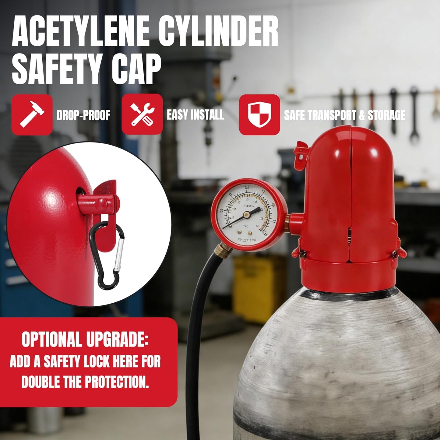 Acetylene Gas Cylinder Regulator Safety Cap Protector 3-1/8” x 11 High Pressure Gas Cylinder Tank Valve Protection Cap, Fall-Proof Steel Gas Cylinder Cap for Storage Transport