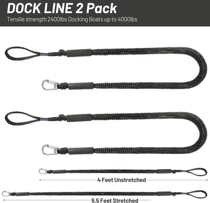 Boat Bungee Dock Lines Marine Mooring Rope with Stainless Steel Clip Bungee Cord Docking Lines for Boat Bungee Docking Ropes for Kayak,Pontoon,Canoe (Black-2)