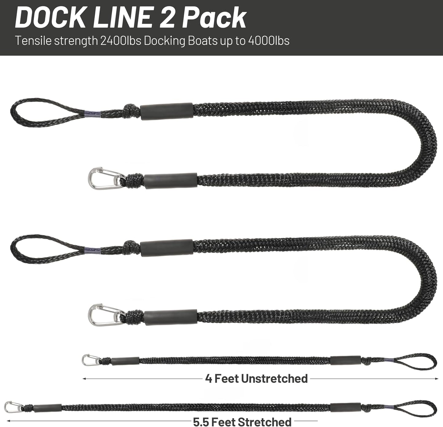 Boat Bungee Dock Lines Marine Mooring Rope with Stainless Steel Clip Bungee Cord Docking Lines for Boat Bungee Docking Ropes for Kayak,Pontoon,Canoe (Black-2)
