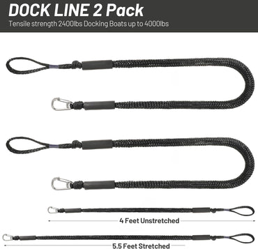 Boat Bungee Dock Lines Marine Mooring Rope with Stainless Steel Clip Bungee Cord Docking Lines for Boat Bungee Docking Ropes for Kayak,Pontoon,Canoe (Black-2)