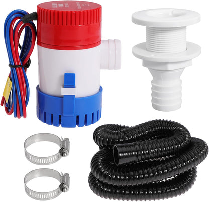 Boat Bilge Plumbing Kit 1-1/8 Inch Dia 12V Automatic Bilge Pump kit 1100 GPH with 6FT PVC Bilge Pump Hose (Automatic Pump)