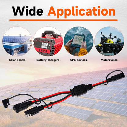 12 Inch 14AWG SAE Y Splitter 14 AWG 14 Gauge 1 to 2 SAE Extension Cable, 2 Prong DC Power Connector with Dust Cover for Solar Panel Battery Charger (14AWG 12in, 1pcs)
