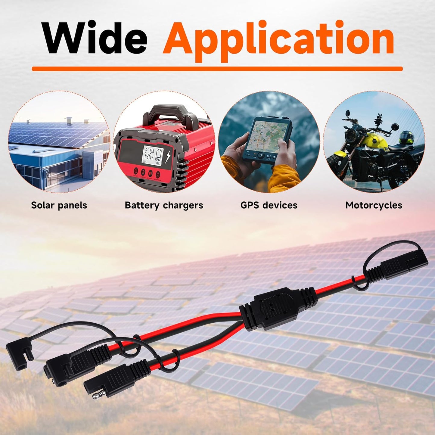 12 Inch 14AWG SAE Y Splitter 14 AWG 14 Gauge 1 to 2 SAE Extension Cable, 2 Prong DC Power Connector with Dust Cover for Solar Panel Battery Charger (14AWG 12in, 2pcs)