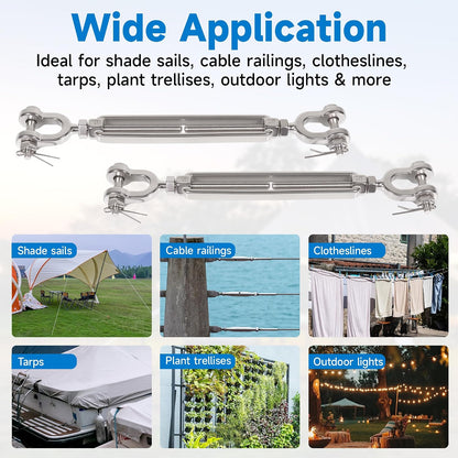 1/4" 304 Stainless Steel Jaw and Jaw Turnbuckle, Adjustable Small Turnbuckle Tensioner, Cable Tensioner, 1140 LBS Working Load Limit, Turnbuckles for Cables Wire Clothesline Shade Sail (M6-1/4-2pcs)
