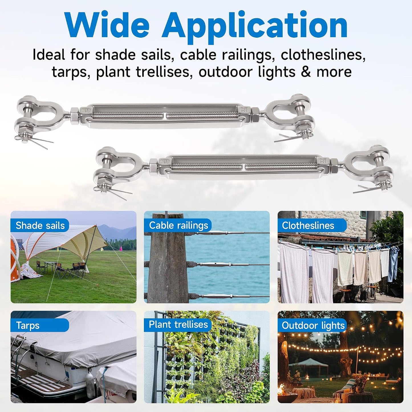 1/2" 304 Stainless Steel Jaw and Jaw Turnbuckle, Adjustable Small Turnbuckle Tensioner, Cable Tensioner, 1140 LBS Working Load Limit, Turnbuckles for Cables Wire Clothesline Shade Sail (M12-1/2-2pcs)