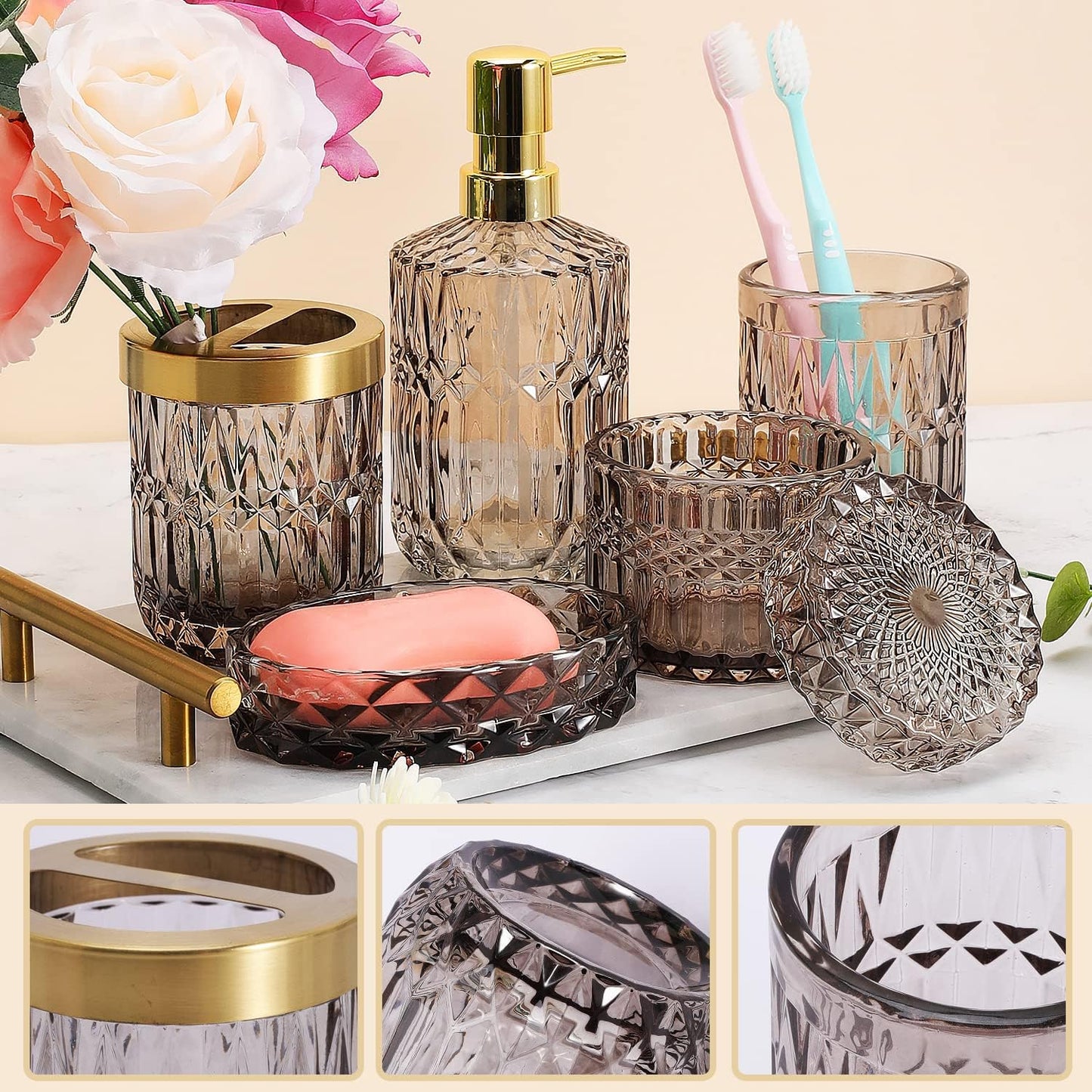 5Pcs Glass Bathroom Accessories,Bathroom Sets Complete, Lotion Dispenser, Soap Dish, Toothbrush Holder, Tumbler, Cotton Swab Jars, Modern Bathroom Decor and Gift Set (Gary)