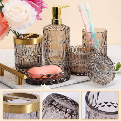 5Pcs Glass Bathroom Accessories,Bathroom Sets Complete, Lotion Dispenser, Soap Dish, Toothbrush Holder, Tumbler, Cotton Swab Jars, Modern Bathroom Decor and Gift Set (Gary)