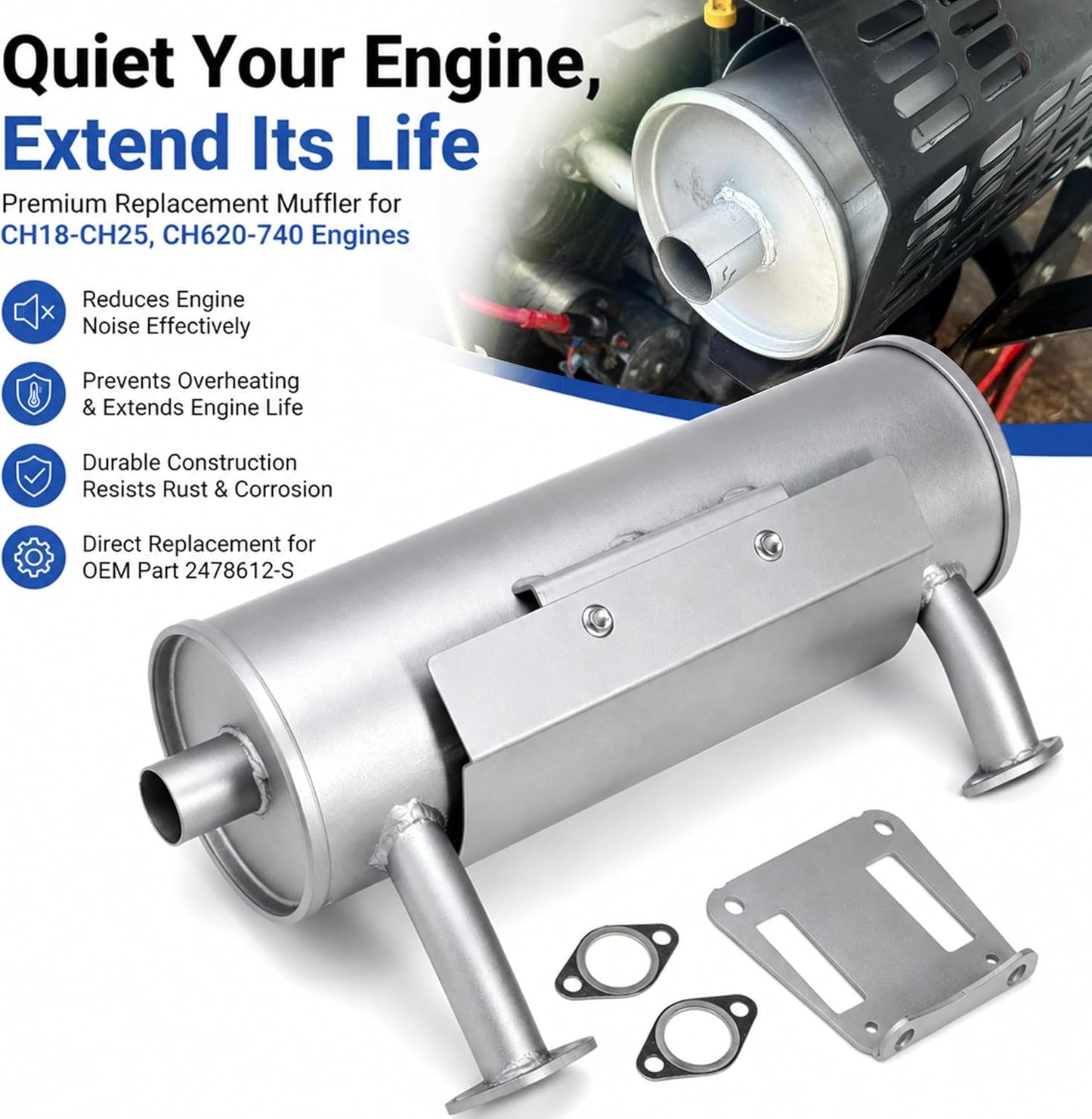 Lawn Mower Muffler Kit Replacement for Kohler CH18-CH25 CH620-740 Engines Replace 24 786 12-S 2478612-S 24-786-12-S 22-24HP Engine Muffler